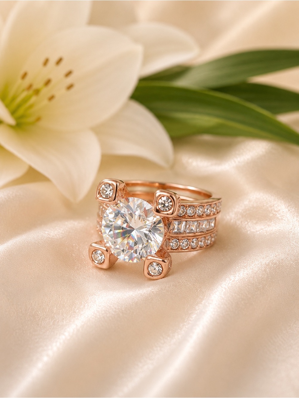 🇨🇦Canada Day Blowout Sale! Rose Gold Round-Cut Cocktail Ring with Accent Stones